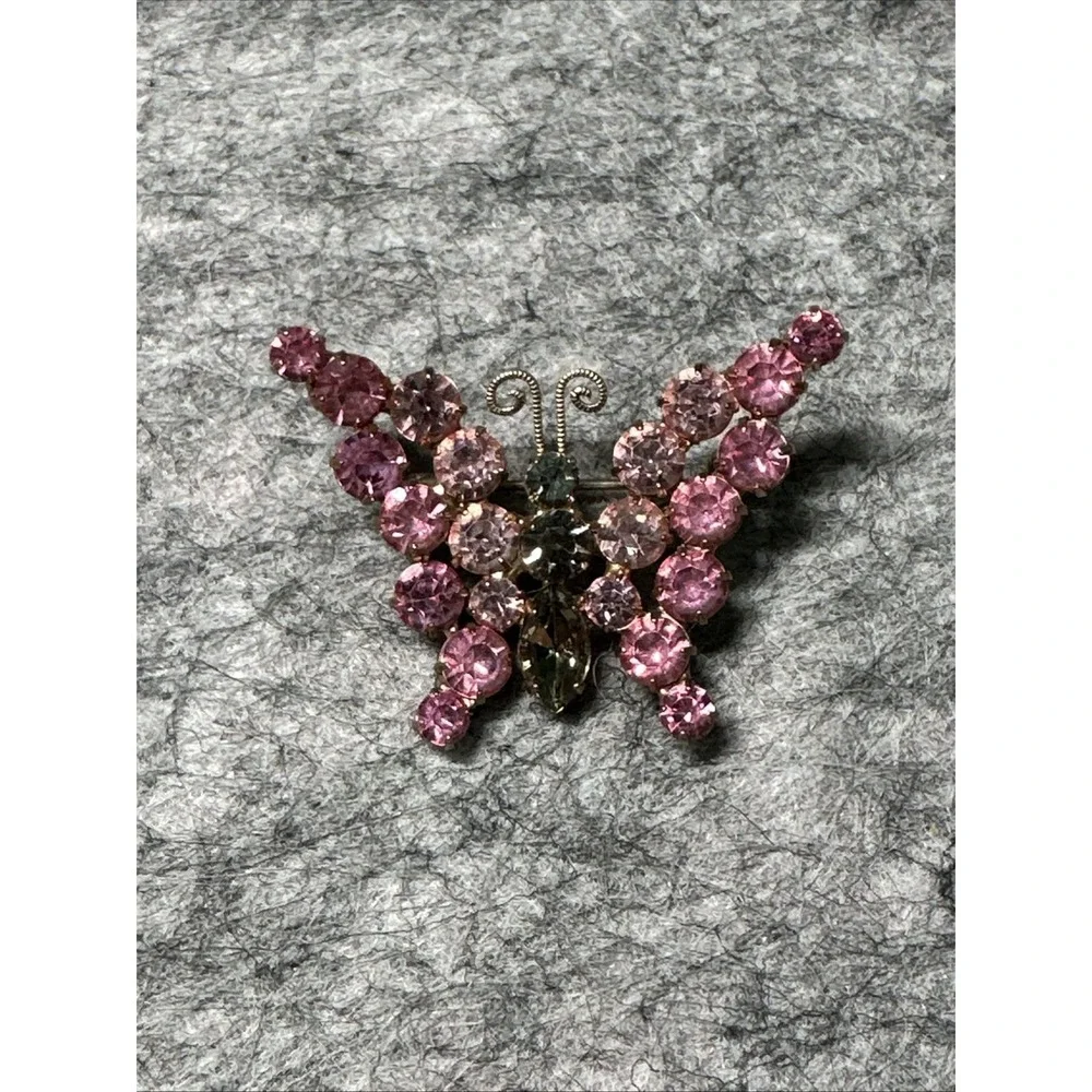 Vintage GoldTone PINK Blueish  Rhinestones Crystals BUTTERFLY 1.5